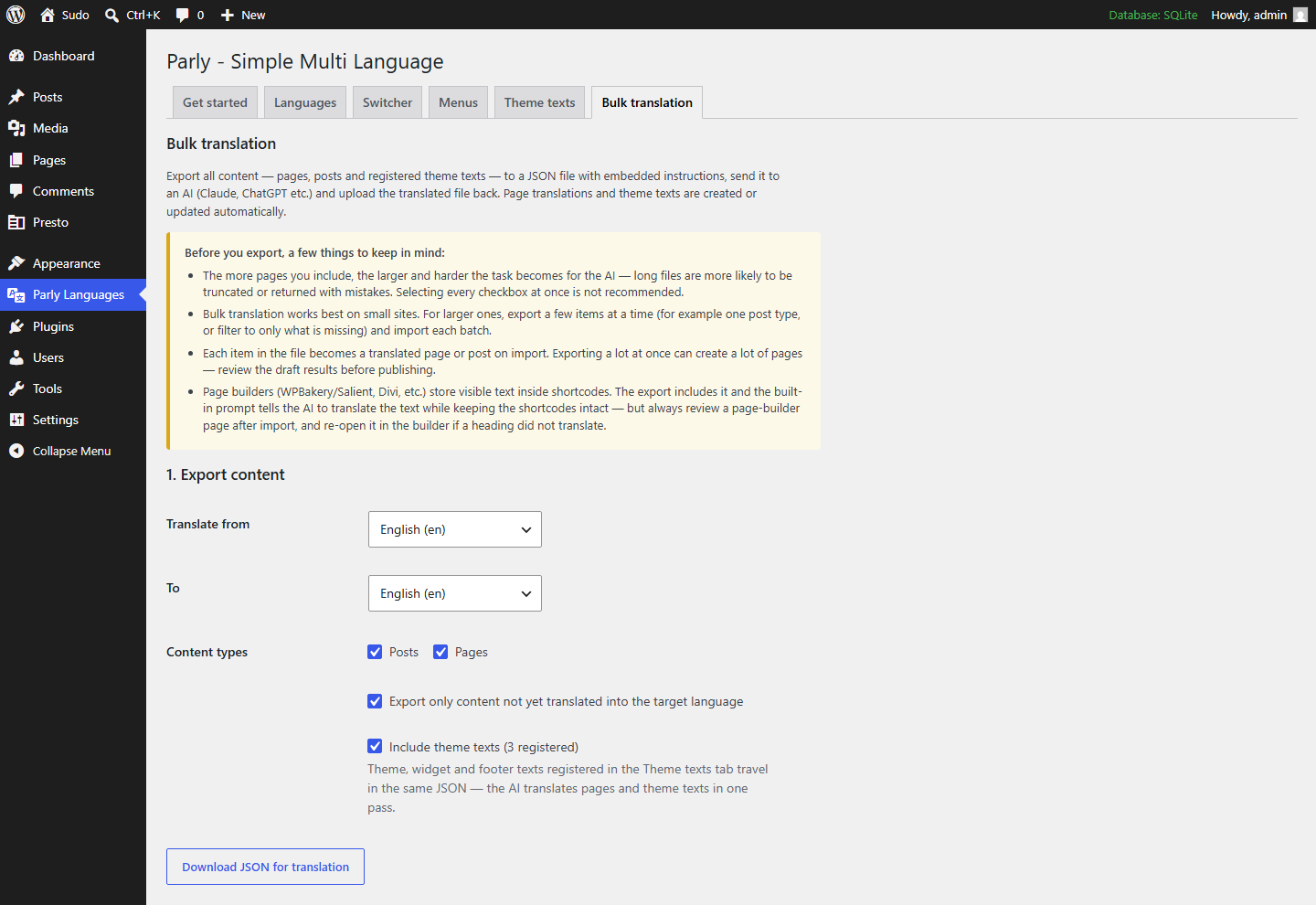 Parly bulk translation tab, with options to export content by source and target language to a JSON file