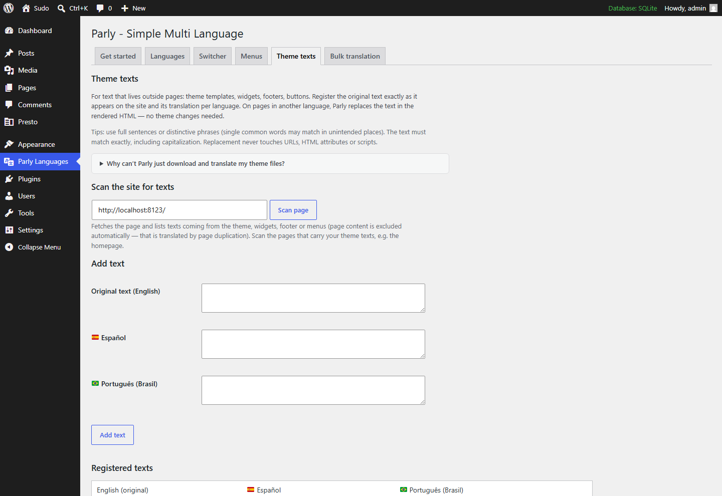 Parly theme texts tab, with fields to register the original text and its Spanish and Portuguese translations